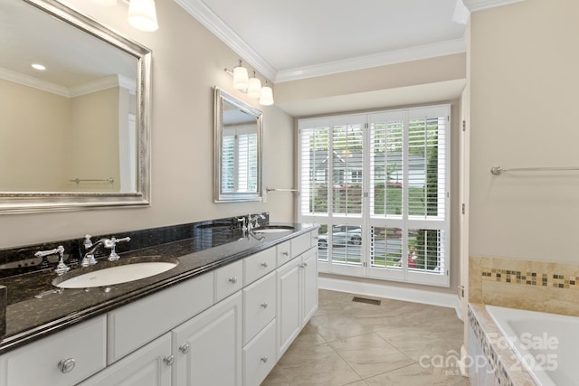 111 Broadmoor Dr, Flat Rock, NC 28731 - bathroom featuring ornamental molding, tiled bath, double vanity, and a sink