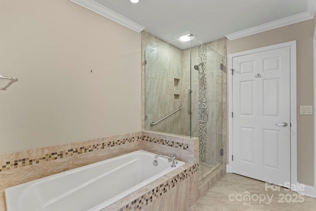 111 Broadmoor Dr, Flat Rock, NC 28731 - bathroom with tile patterned floors, a shower stall, crown molding, and a bath