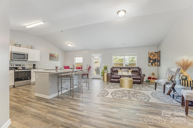 1125 Silvertrace Dr, Salisbury, NC 28144 - living room with baseboards, vaulted ceiling, and light wood-style floors