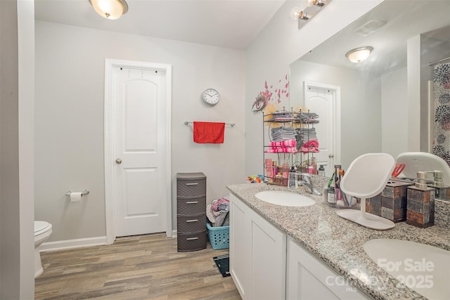 1125 Silvertrace Dr, Salisbury, NC 28144 - full bath featuring a sink, toilet, double vanity, baseboards, and wood finished floors