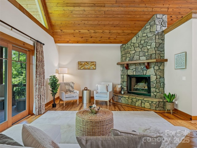 14 Sweet Gum Hl, Fletcher, NC 28732 - living room featuring wooden ceiling, baseboards, wood finished floors, a fireplace, and high vaulted ceiling