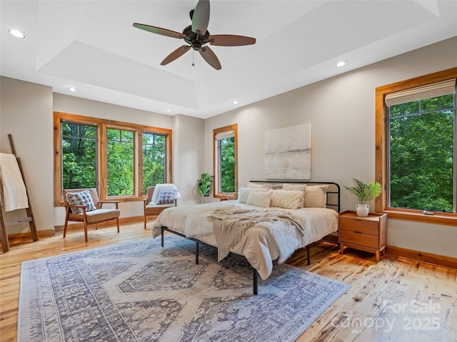 14 Sweet Gum Hl, Fletcher, NC 28732 - bedroom featuring multiple windows, a tray ceiling, baseboards, light wood-style floors, and recessed lighting