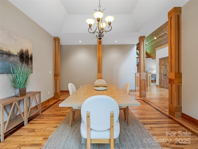 14 Sweet Gum Hl, Fletcher, NC 28732 - dining room featuring light wood-style flooring, a chandelier, lofted ceiling, recessed lighting, and baseboards