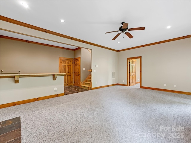 14 Sweet Gum Hl, Fletcher, NC 28732 - unfurnished room featuring a ceiling fan, baseboards, dark colored carpet, recessed lighting, and crown molding