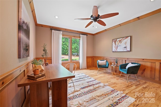14 Sweet Gum Hl, Fletcher, NC 28732 - office with crown molding, wainscoting, a ceiling fan, recessed lighting, and wood finished floors