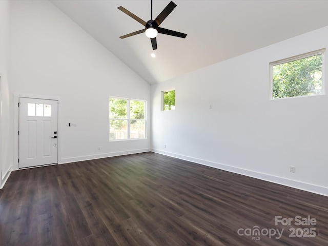 3007 W Blvd, Charlotte, NC 28208 - unfurnished living room featuring high vaulted ceiling, a ceiling fan, baseboards, dark wood finished floors, and recessed lighting