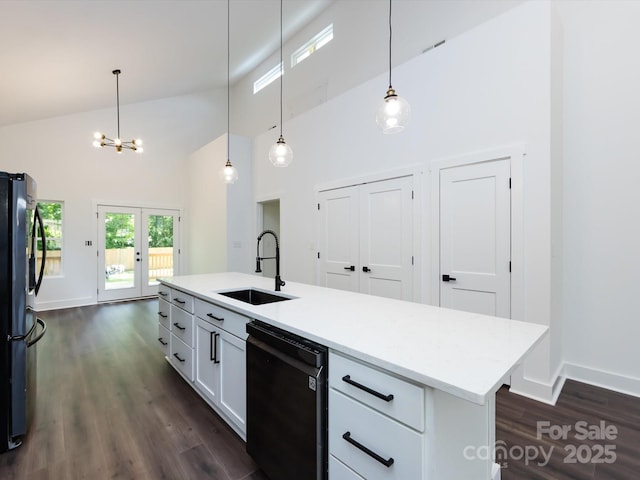 3007 W Blvd, Charlotte, NC 28208 - kitchen with a sink, dishwashing machine, black fridge with ice dispenser, high vaulted ceiling, and dark wood-style flooring