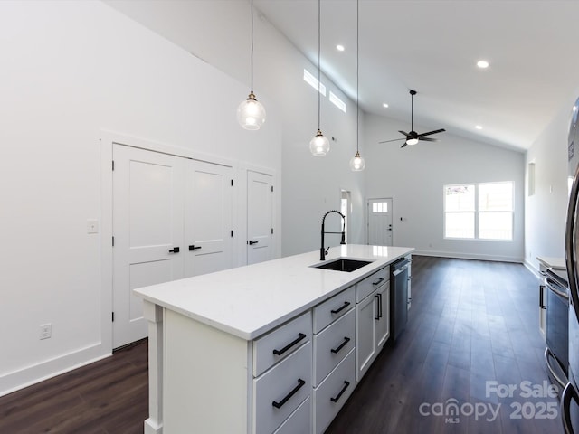 3007 W Blvd, Charlotte, NC 28208 - kitchen featuring a sink, dark wood-style floors, open floor plan, ceiling fan, and dishwasher