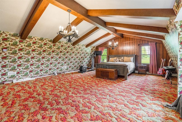 carpeted bedroom with lofted ceiling with beams, an inviting chandelier, and wallpapered walls