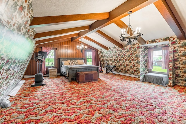 carpeted bedroom with a baseboard heating unit, vaulted ceiling with beams, an inviting chandelier, and multiple windows