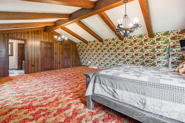 bedroom featuring lofted ceiling with beams, wallpapered walls, and an inviting chandelier