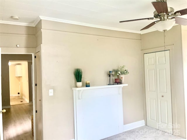 439 17th St, Cramerton, NC 28032 - bedroom featuring ornamental molding, wood finished floors, a closet, a ceiling fan, and baseboards