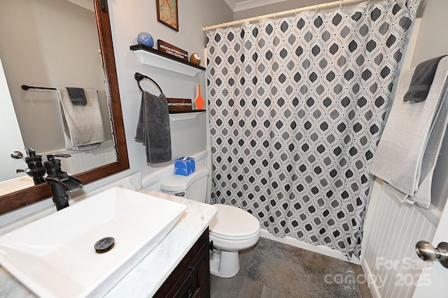 2263 Starbrooke Dr, Newton, NC 28658 - bathroom featuring vanity, toilet, curtained shower, and wood finished floors