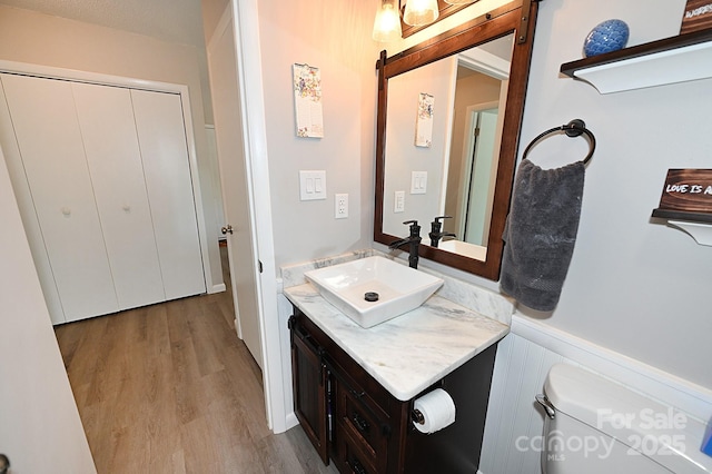 2263 Starbrooke Dr, Newton, NC 28658 - half bathroom featuring vanity, wainscoting, wood finished floors, and toilet