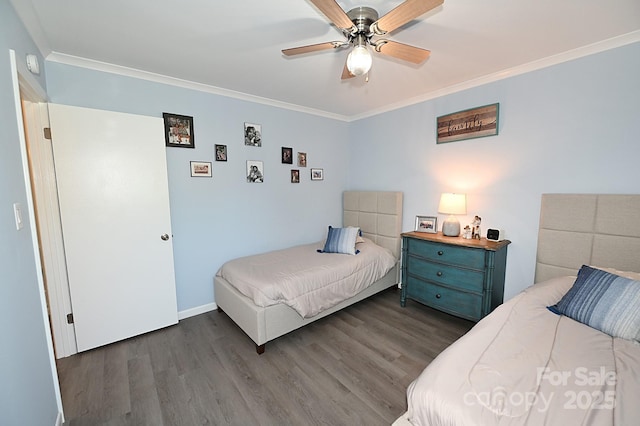2263 Starbrooke Dr, Newton, NC 28658 - bedroom with ornamental molding, a ceiling fan, and dark wood-style floors