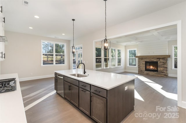 kitchen with stainless steel appliances, dark brown cabinets, a sink, baseboards, and light wood-style flooring