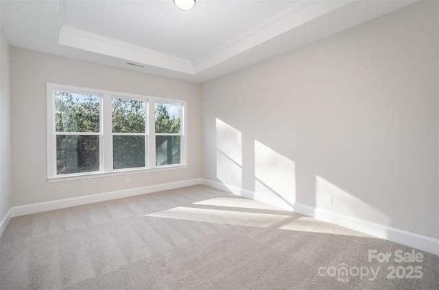 spare room with a tray ceiling, light carpet, baseboards, and crown molding