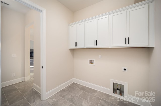 laundry room featuring visible vents, hookup for an electric dryer, baseboards, cabinet space, and washer hookup