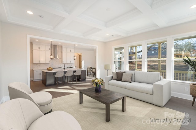 living area featuring recessed lighting, beam ceiling, and coffered ceiling