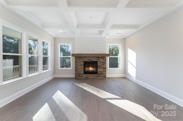 515 Edmunds Ln Unit 38, Clover, SC 29710 - unfurnished living room with beam ceiling, baseboards, wood finished floors, a stone fireplace, and recessed lighting