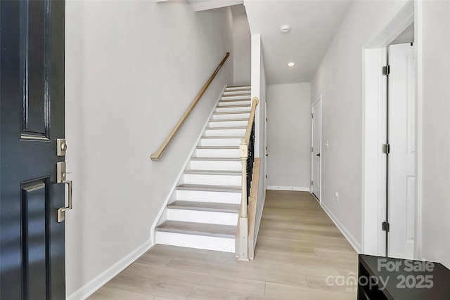 147 Morning Gap Pkwy, Fort Mill, SC 29715 - staircase featuring recessed lighting, wood finished floors, and baseboards