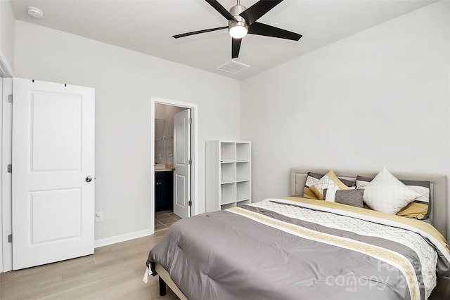 147 Morning Gap Pkwy, Fort Mill, SC 29715 - bedroom with visible vents, a ceiling fan, light wood-style floors, baseboards, and ensuite bathroom