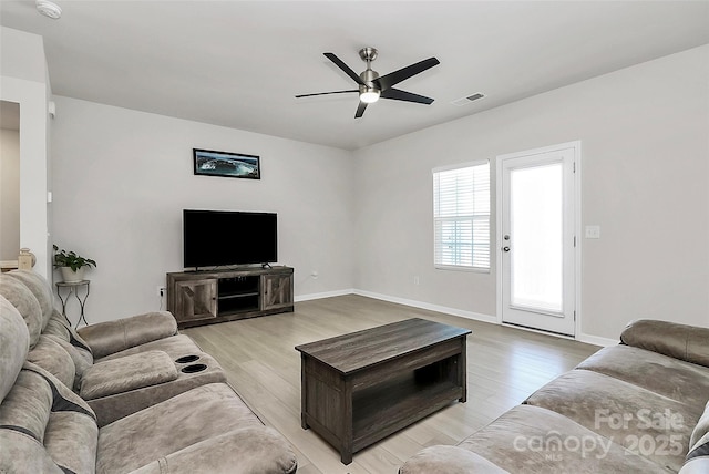 147 Morning Gap Pkwy, Fort Mill, SC 29715 - living room with light wood-type flooring, visible vents, baseboards, and ceiling fan