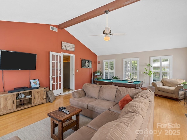 5159 Taxahaw Rd, Lancaster, SC 29720 - living area featuring visible vents, lofted ceiling with beams, wood finished floors, and pool table