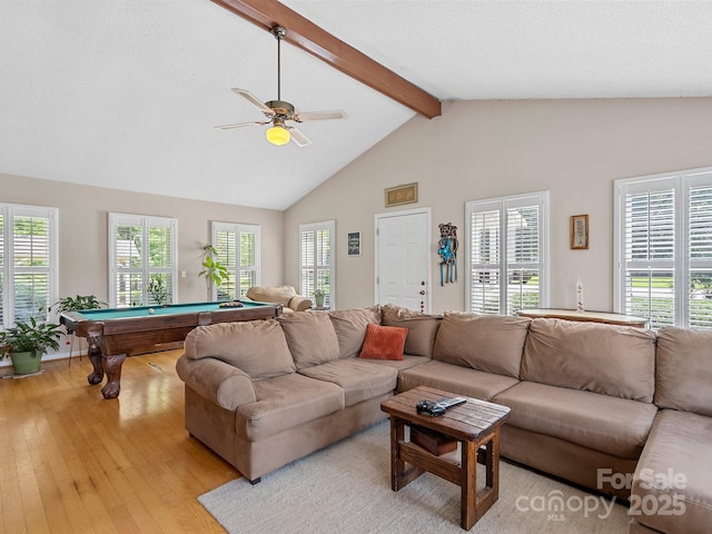 5159 Taxahaw Rd, Lancaster, SC 29720 - living area featuring light wood-style floors, beamed ceiling, ceiling fan, billiards, and high vaulted ceiling