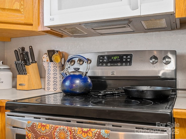 5159 Taxahaw Rd, Lancaster, SC 29720 - interior details featuring light countertops, white microwave, and stainless steel range with electric stovetop
