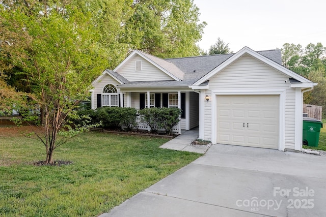 ranch-style house featuring a garage, driveway, a front lawn, and roof with shingles