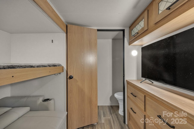 bathroom with toilet, wood finished floors, and vanity