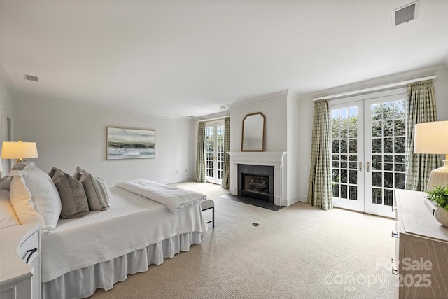 bedroom featuring crown molding, light carpet, french doors, access to exterior, and visible vents