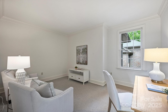 living room featuring baseboards, carpet, and crown molding