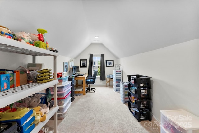 home office featuring carpet floors, vaulted ceiling, baseboards, and recessed lighting