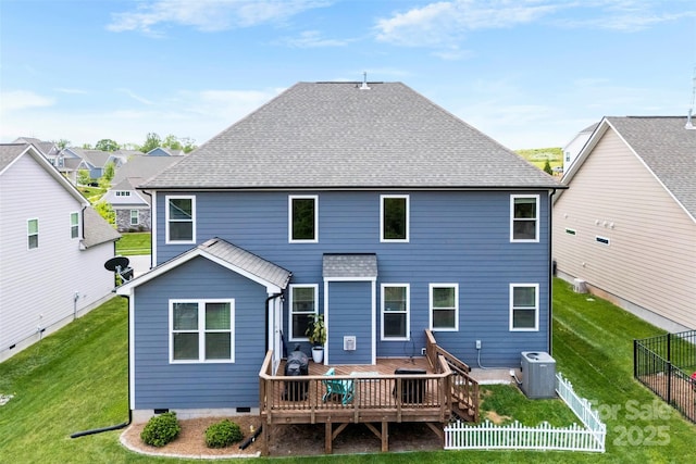 rear view of property featuring cooling unit, a wooden deck, a shingled roof, and crawl space