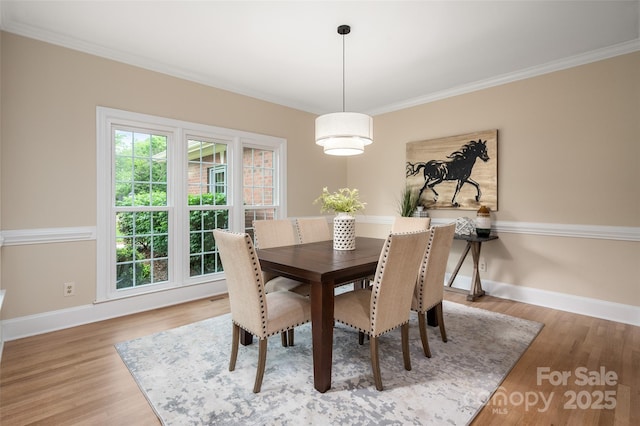 dining room with wood finished floors, crown molding, and baseboards