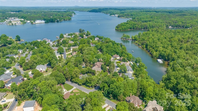 bird's eye view with a water view, a view of trees, and a residential view