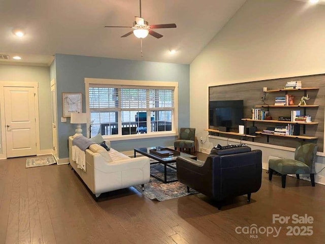 29 Woodbridge Park Dr, Asheville, NC 28803 - living area with a ceiling fan, wood finished floors, lofted ceiling, recessed lighting, and baseboards