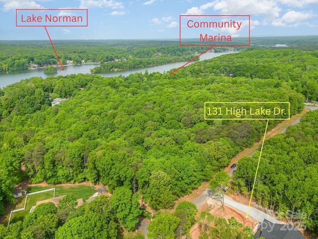 bird's eye view featuring a forest view and a water view