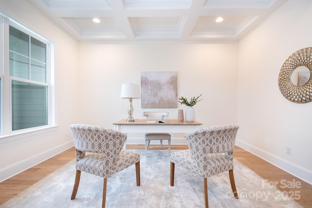 office with coffered ceiling, wood finished floors, and beamed ceiling