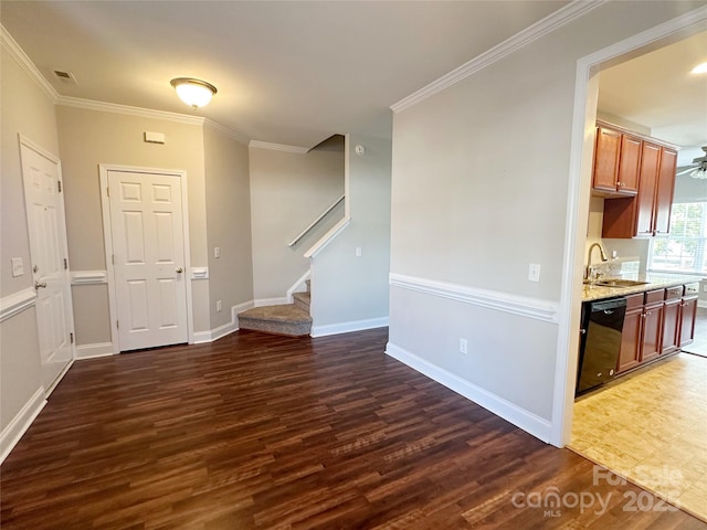 interior space with stairway, dark wood-style flooring, crown molding, and visible vents