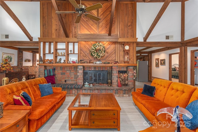 22 Waynewood Dr, Waynesville, NC 28786 - living room featuring visible vents, beamed ceiling, ceiling fan, and high vaulted ceiling