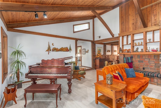 22 Waynewood Dr, Waynesville, NC 28786 - living area featuring baseboards, wooden ceiling, wood finished floors, beam ceiling, and high vaulted ceiling