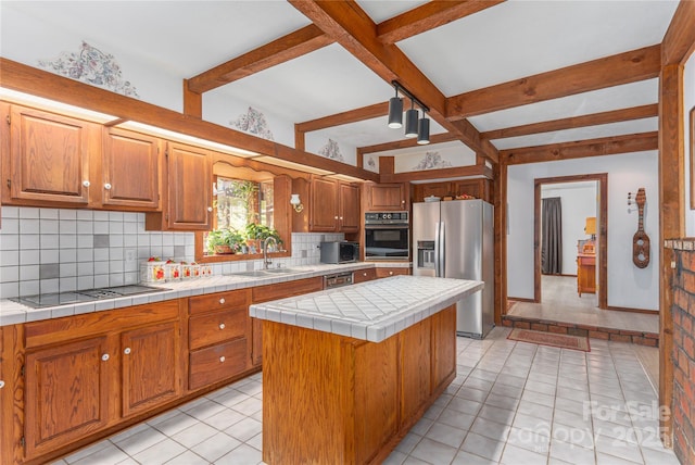 22 Waynewood Dr, Waynesville, NC 28786 - kitchen with decorative backsplash, beamed ceiling, a sink, black oven, and stainless steel fridge with ice dispenser