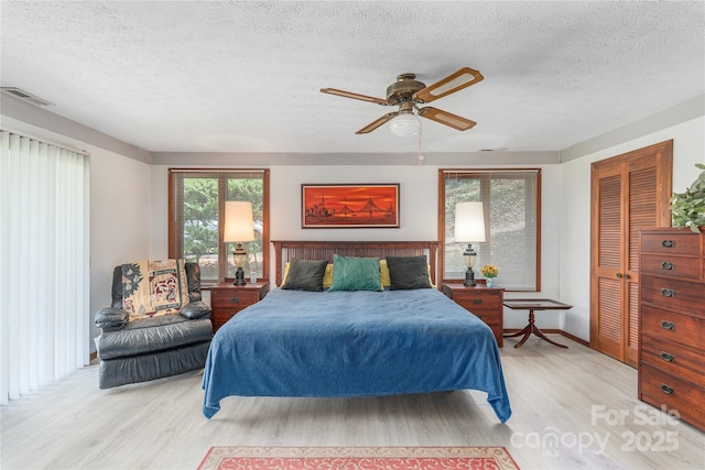 22 Waynewood Dr, Waynesville, NC 28786 - bedroom with a textured ceiling, light wood-style floors, visible vents, baseboards, and a ceiling fan