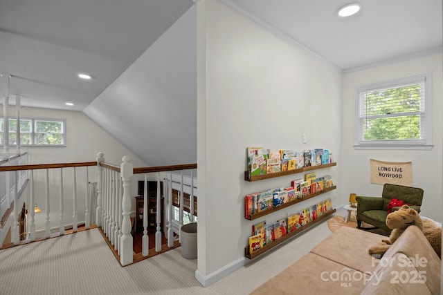 rec room featuring lofted ceiling, baseboards, carpet floors, and recessed lighting