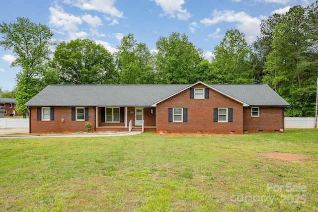 single story home featuring fence, a front lawn, brick siding, a porch, and crawl space