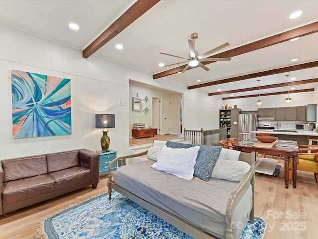 1278 Island Creek Dr, Troy, NC 27371 - living area featuring light wood-style flooring, beam ceiling, recessed lighting, and a ceiling fan