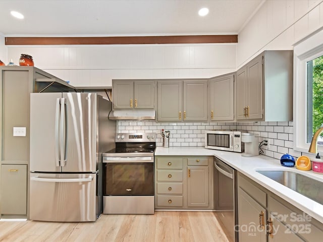 1278 Island Creek Dr, Troy, NC 27371 - kitchen with light countertops, light wood-type flooring, decorative backsplash, and stainless steel appliances